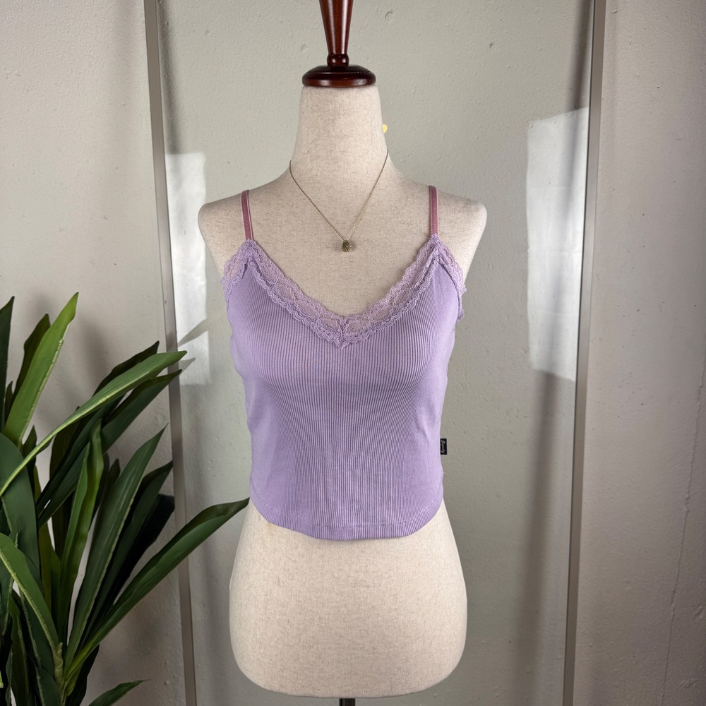 Coquette‎ Balletcore Pastel Superdry Cami S/M Lavender Ribbed Lace Trim Cropped